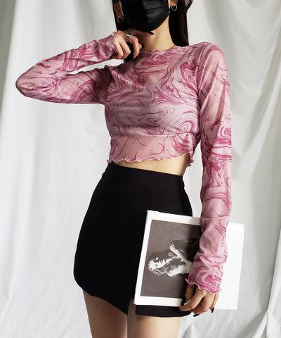 【 ５color 】総柄マーブルシアーメローショートトップス／ marble sheer mellow short tops