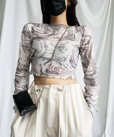 【 ５color 】総柄マーブルシアーメローショートトップス／ marble sheer mellow short tops