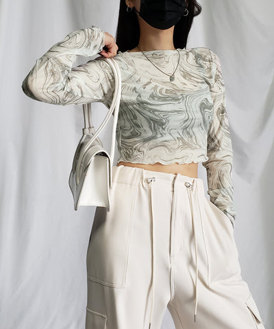 【 ５color 】総柄マーブルシアーメローショートトップス／ marble sheer mellow short tops