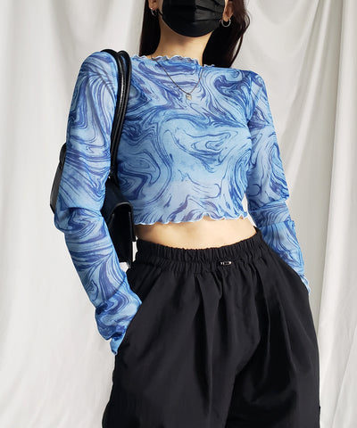 【 ５color 】総柄マーブルシアーメローショートトップス／ marble sheer mellow short tops