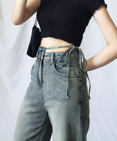 【 ４color 】カットアウトサイドリボンウォッシュストレートデニム