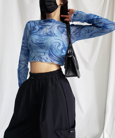 【 ５color 】総柄マーブルシアーメローショートトップス／ marble sheer mellow short tops