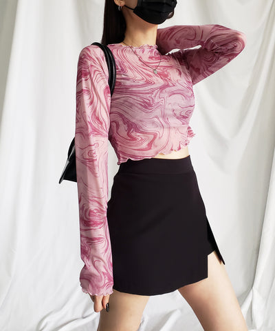 【 ５color 】総柄マーブルシアーメローショートトップス／ marble sheer mellow short tops