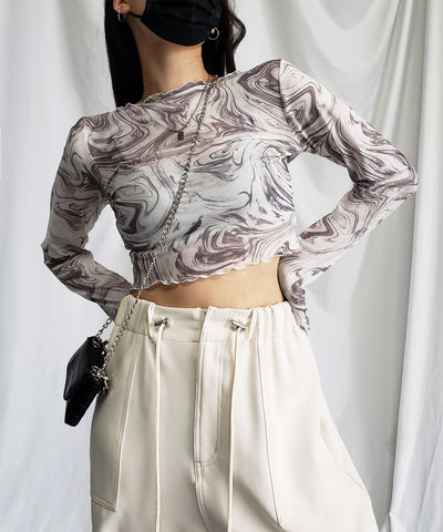【 ５color 】総柄マーブルシアーメローショートトップス／ marble sheer mellow short tops