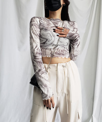 【 ５color 】総柄マーブルシアーメローショートトップス／ marble sheer mellow short tops