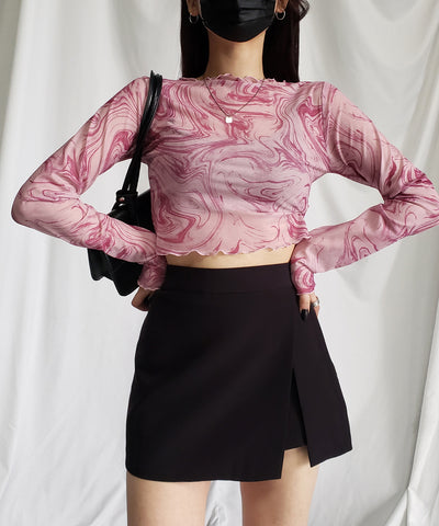 【 ５color 】総柄マーブルシアーメローショートトップス／ marble sheer mellow short tops
