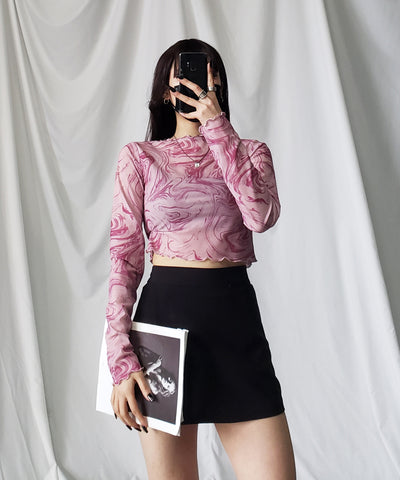 【 ５color 】総柄マーブルシアーメローショートトップス／ marble sheer mellow short tops