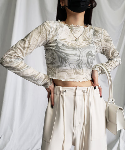 【 ５color 】総柄マーブルシアーメローショートトップス／ marble sheer mellow short tops