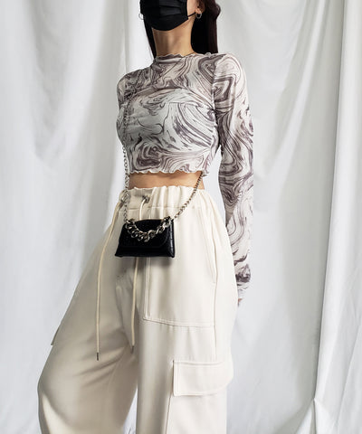 【 ５color 】総柄マーブルシアーメローショートトップス／ marble sheer mellow short tops