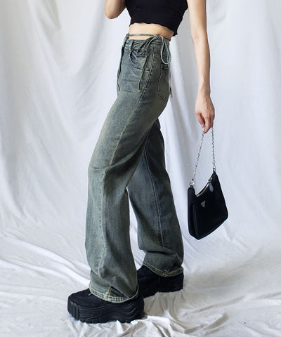 【 ４color 】カットアウトサイドリボンウォッシュストレートデニム