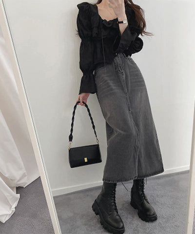 【 選べる４size／２color 】センタースリットハイウエストウォッシュデニムスカート