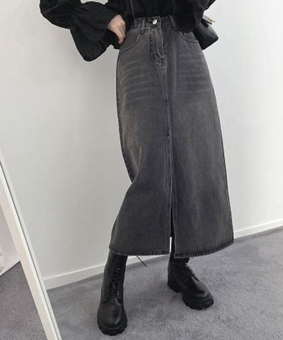 【 選べる４size／２color 】センタースリットハイウエストウォッシュデニムスカート