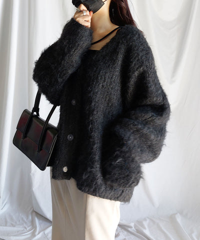 【 me+em select original 】ワイドスリーブシャギーボリュームニットカーディガン ／ wide sleeve shaggy volume knit cardigan