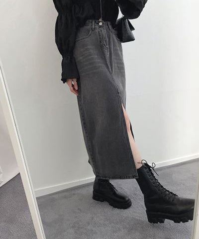 【 選べる４size／２color 】センタースリットハイウエストウォッシュデニムスカート