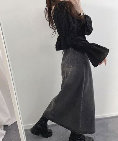 【 選べる４size／２color 】センタースリットハイウエストウォッシュデニムスカート