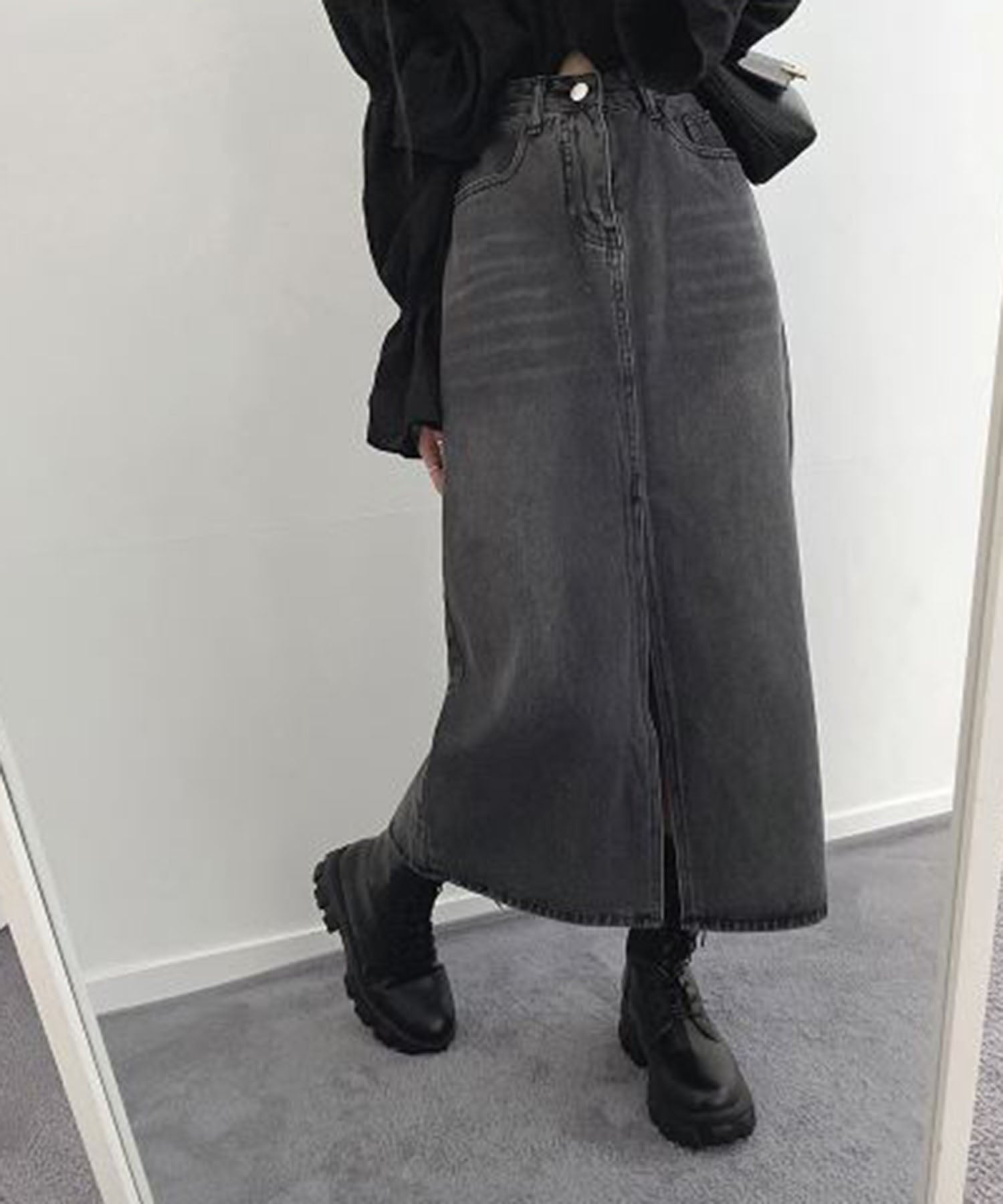 【 選べる４size／２color 】センタースリットハイウエストウォッシュデニムスカート