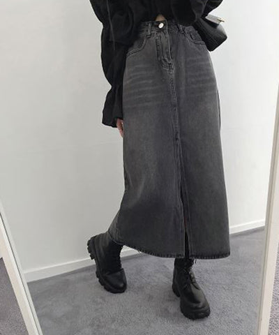 【 選べる４size／２color 】センタースリットハイウエストウォッシュデニムスカート