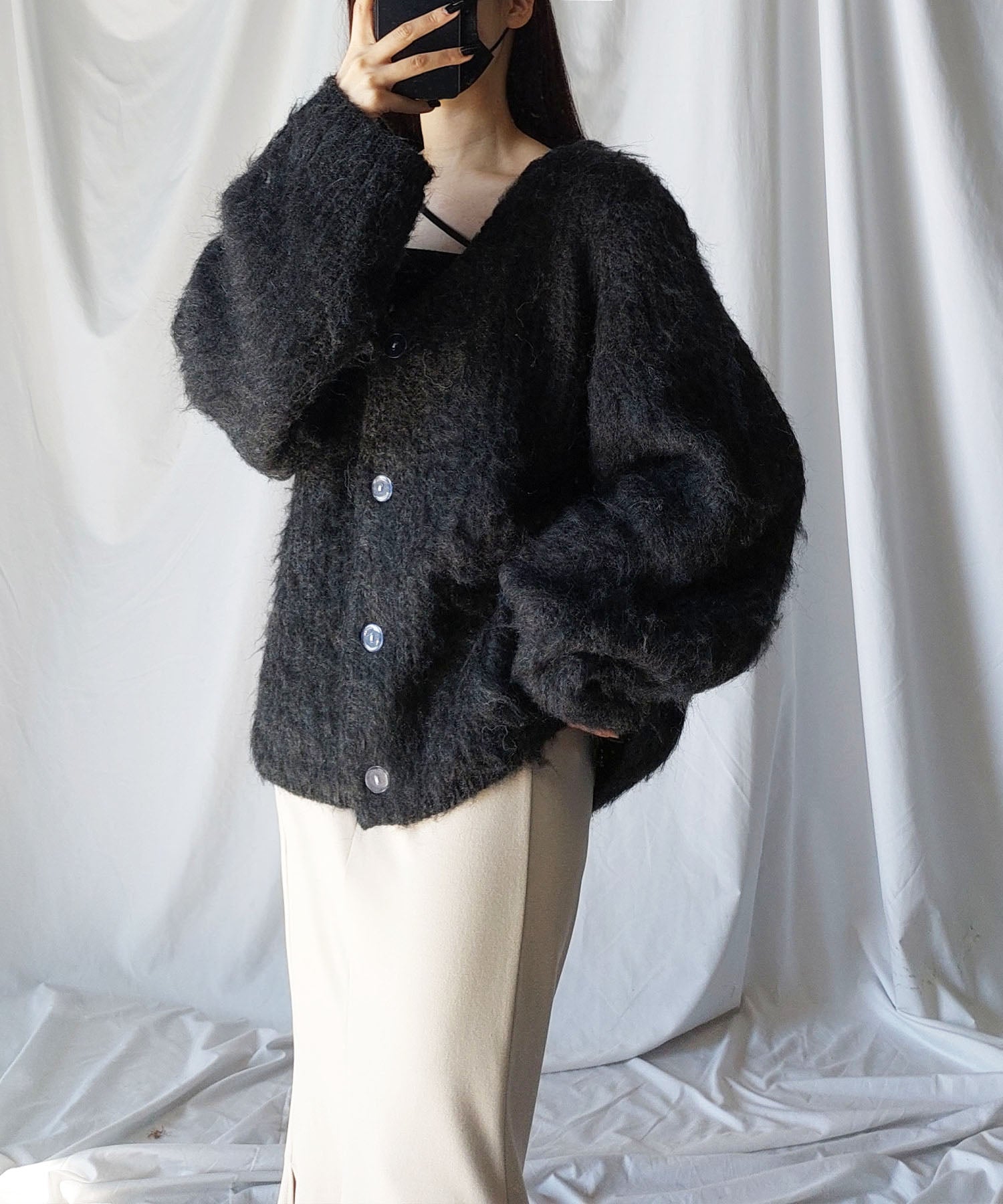 【 me+em select original 】ワイドスリーブシャギーボリュームニットカーディガン ／ wide sleeve shaggy volume knit cardigan