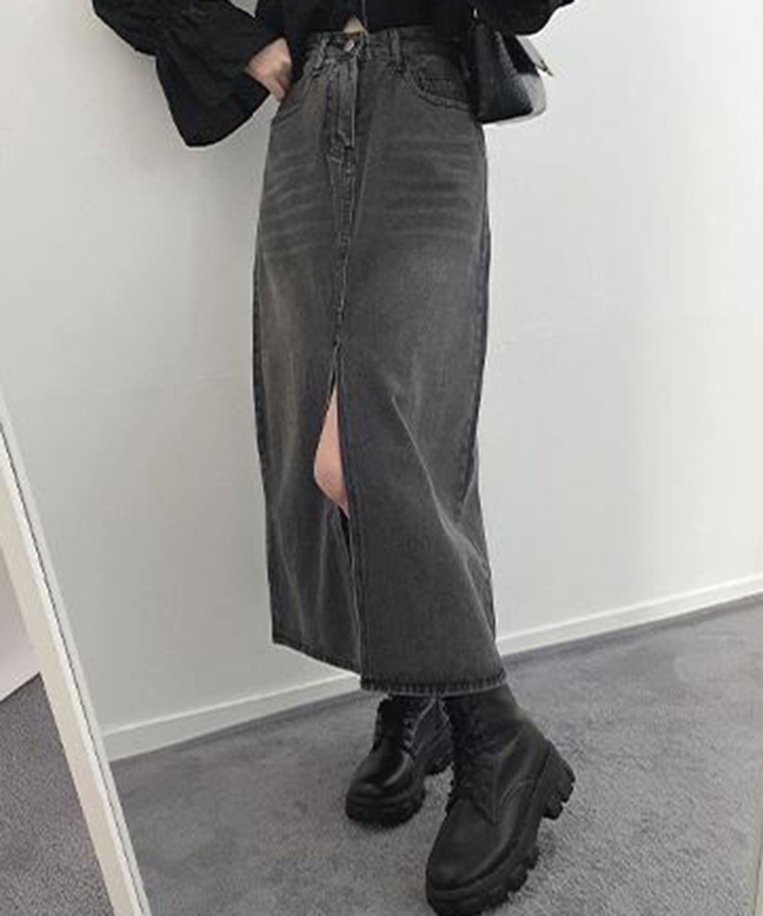 【 選べる４size／２color 】センタースリットハイウエストウォッシュデニムスカート