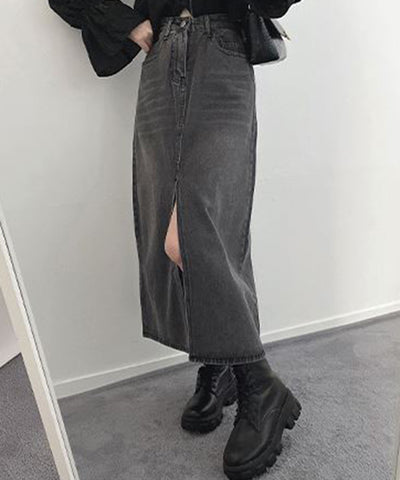 【 選べる４size／２color 】センタースリットハイウエストウォッシュデニムスカート
