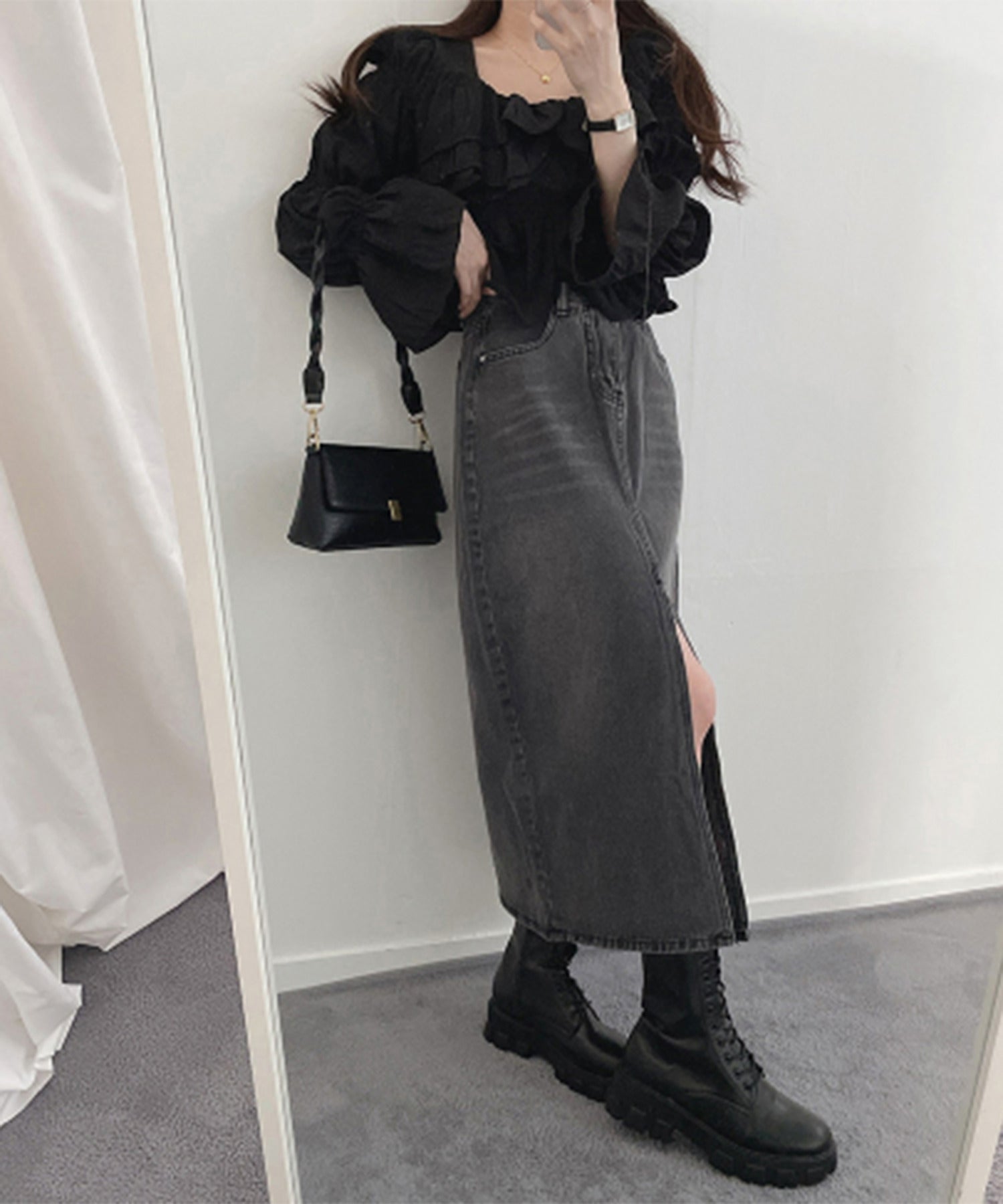 【 選べる４size／２color 】センタースリットハイウエストウォッシュデニムスカート
