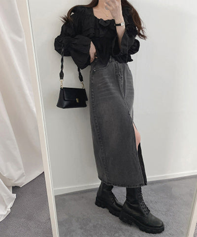 【 選べる４size／２color 】センタースリットハイウエストウォッシュデニムスカート