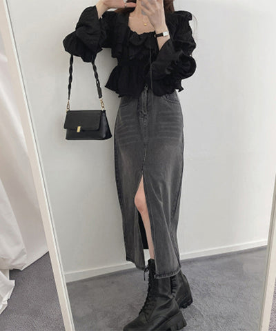 【 選べる４size／２color 】センタースリットハイウエストウォッシュデニムスカート