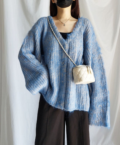 【 me+em select original 】ワイドスリーブシャギーボリュームニットカーディガン ／ wide sleeve shaggy volume knit cardigan