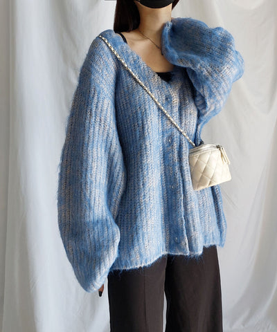 【 me+em select original 】ワイドスリーブシャギーボリュームニットカーディガン ／ wide sleeve shaggy volume knit cardigan