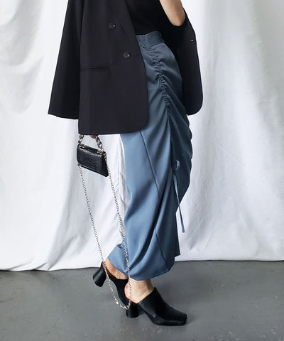 【 ７color 】シャーリングリボンギャザースリットスカート