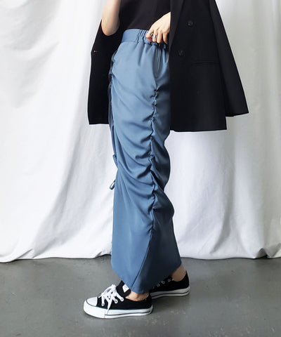 【 ７color 】シャーリングリボンギャザースリットスカート