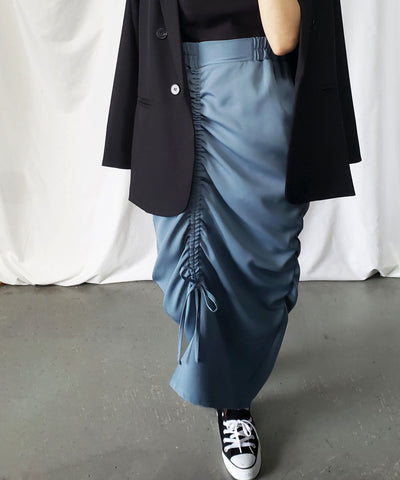 【 ７color 】シャーリングリボンギャザースリットスカート
