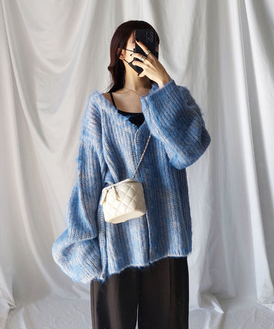 【 me+em select original 】ワイドスリーブシャギーボリュームニットカーディガン ／ wide sleeve shaggy volume knit cardigan