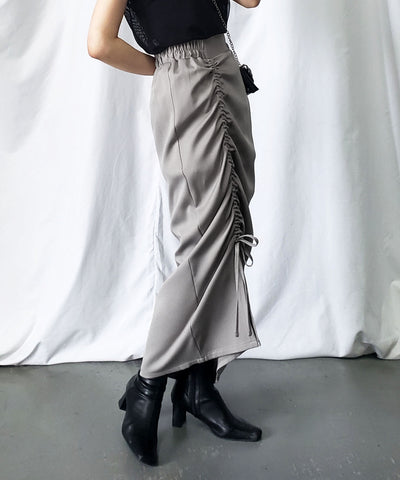 【 ７color 】シャーリングリボンギャザースリットスカート