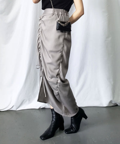 【 ７color 】シャーリングリボンギャザースリットスカート