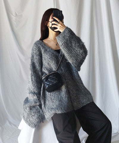 【 me+em select original 】ワイドスリーブシャギーボリュームニットカーディガン ／ wide sleeve shaggy volume knit cardigan