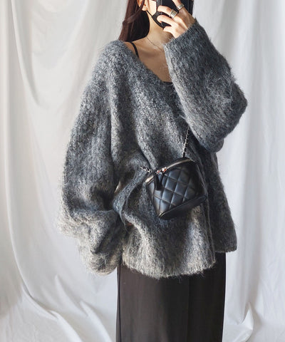 【 me+em select original 】ワイドスリーブシャギーボリュームニットカーディガン ／ wide sleeve shaggy volume knit cardigan