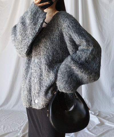 【 me+em select original 】ワイドスリーブシャギーボリュームニットカーディガン ／ wide sleeve shaggy volume knit cardigan