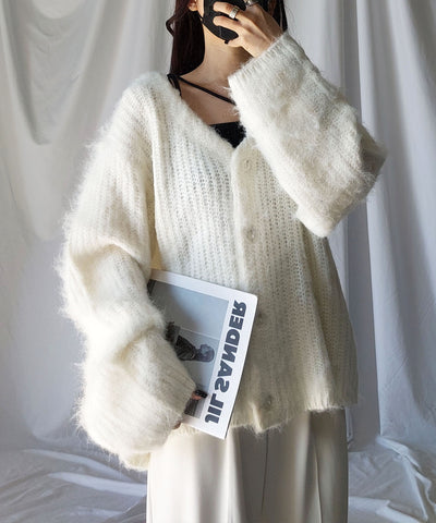【 me+em select original 】ワイドスリーブシャギーボリュームニットカーディガン ／ wide sleeve shaggy volume knit cardigan