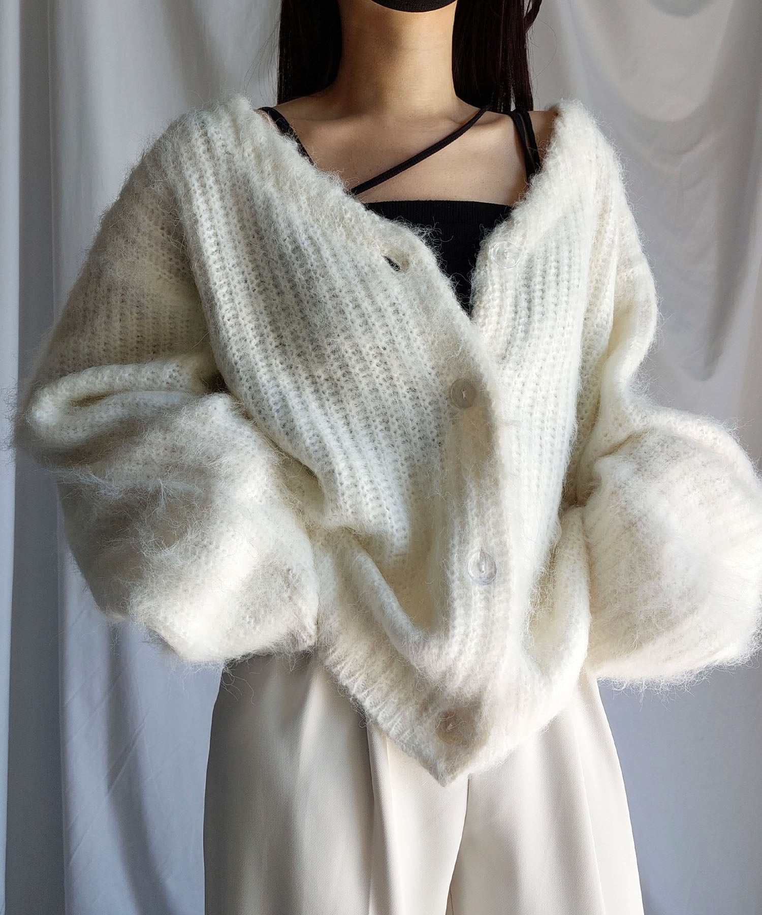 【 me+em select original 】ワイドスリーブシャギーボリュームニットカーディガン ／ wide sleeve shaggy volume knit cardigan