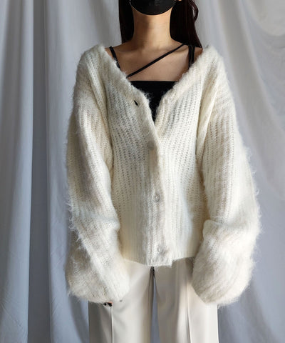【 me+em select original 】ワイドスリーブシャギーボリュームニットカーディガン ／ wide sleeve shaggy volume knit cardigan