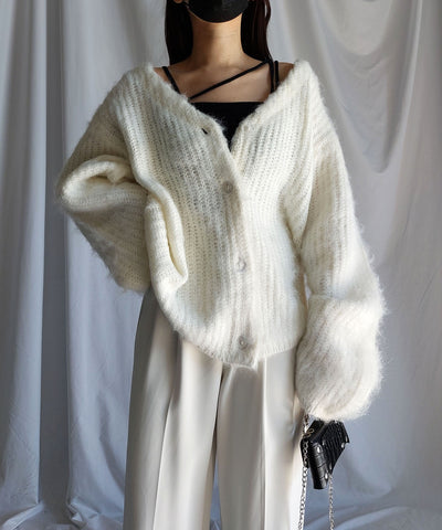 【 me+em select original 】ワイドスリーブシャギーボリュームニットカーディガン ／ wide sleeve shaggy volume knit cardigan