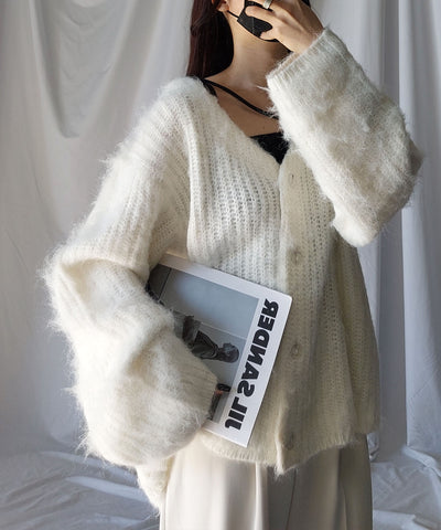 【 me+em select original 】ワイドスリーブシャギーボリュームニットカーディガン ／ wide sleeve shaggy volume knit cardigan