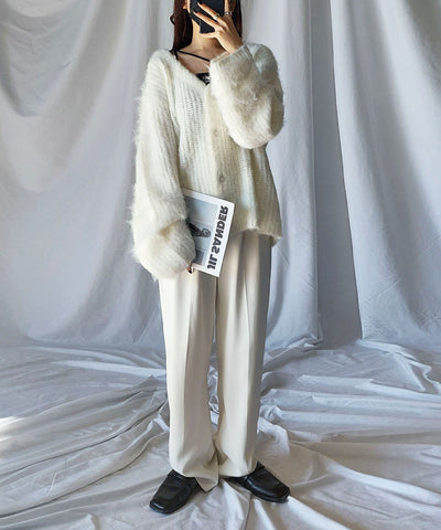 【 me+em select original 】ワイドスリーブシャギーボリュームニットカーディガン ／ wide sleeve shaggy volume knit cardigan