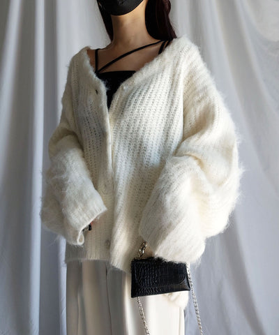 【 me+em select original 】ワイドスリーブシャギーボリュームニットカーディガン ／ wide sleeve shaggy volume knit cardigan
