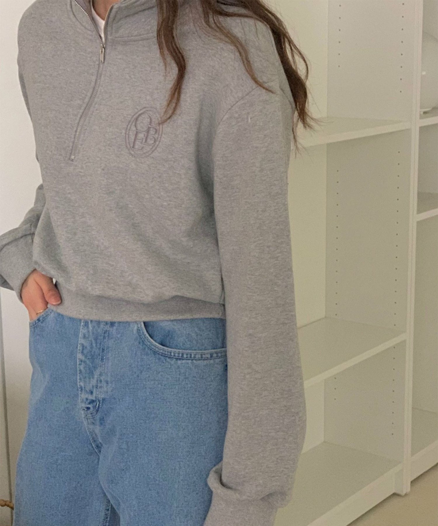 【 セットアップ対応 】OBE刺繍 ハーフジップショートスウェット【 韓国製 】