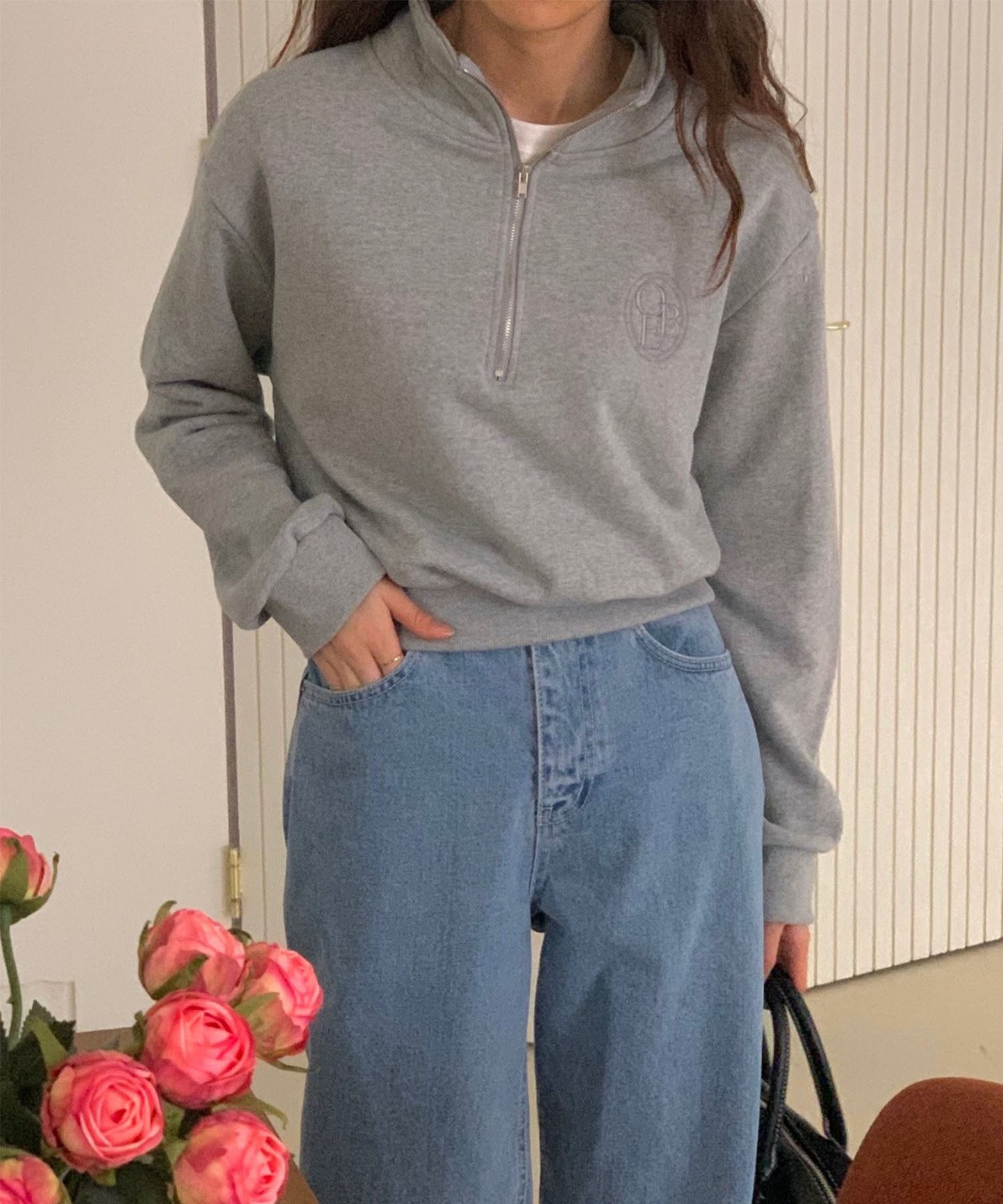 【 セットアップ対応 】OBE刺繍 ハーフジップショートスウェット【 韓国製 】