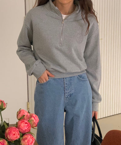 【 セットアップ対応 】OBE刺繍 ハーフジップショートスウェット【 韓国製 】