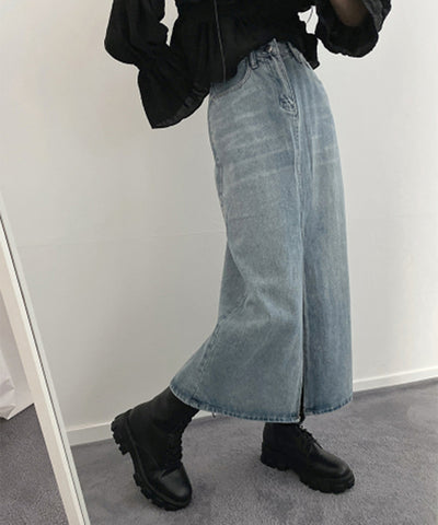 【 選べる４size／２color 】センタースリットハイウエストウォッシュデニムスカート