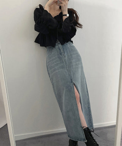 【 選べる４size／２color 】センタースリットハイウエストウォッシュデニムスカート